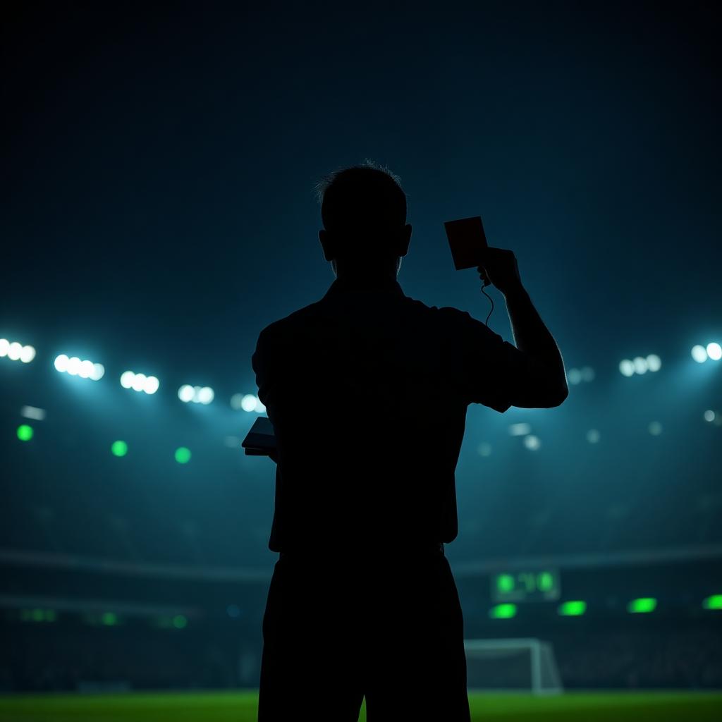 Soccer official silhouette in a floodlit stadium